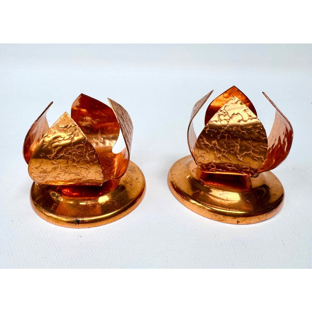 Pair Vintage Butte Montana Copper Lotus Candleholders